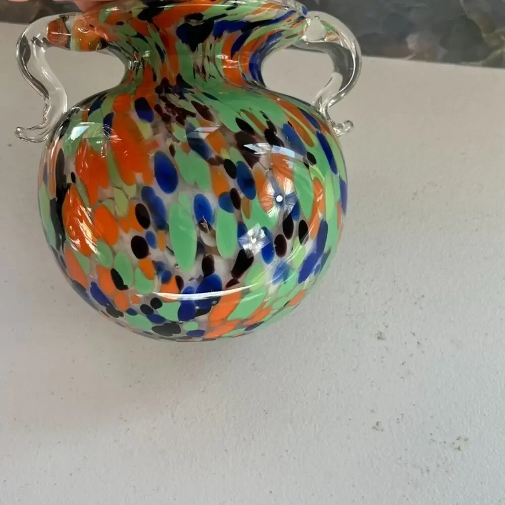 Vintage Hand Blown Art Glass Comfety Spotted Heavy Vase 2 Handles